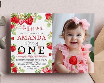 Editable Strawberry First Birthday Invitation, Berry First Birthday Invitation, Berry Sweet Birthday Party Invite, Instant Download. S009