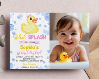 EDITABLE Rubber Duck Birthday Invitation, Girl 1st Birthday Photo Invite, Rubber Duckie Birthday Invitation, Printable Birthday Card. D008