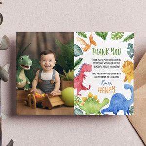 EDITABLE Tarjeta de agradecimiento de 1er cumpleaños de dinosaurio, tarjeta de agradecimiento de imagen de cumpleaños de dinosaurio, plantilla imprimible de fiesta de cumpleaños de dinosaurio D006