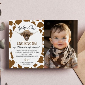 EDITABLE Holy Cow I&#39;m One Invitation, Cow First Birthday Invitation, Highland Cow Birthday Invite, Farm Party, Printable Template. #C007