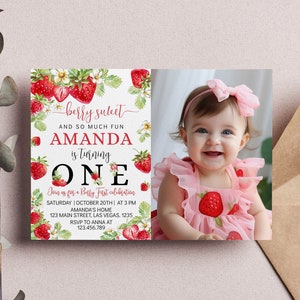 Editable Strawberry First Birthday Invitation, Berry First Birthday Invitation, Berry Sweet Birthday Party Invite, Instant Download. S009