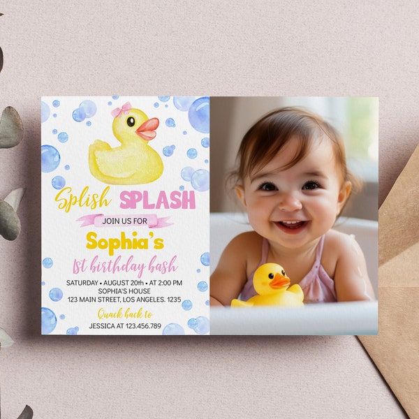 EDITABLE Rubber Duck Birthday Invitation, Girl 1st Birthday Photo Invite, Rubber Duckie Birthday Invitation, Printable Birthday Card. D008