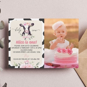 EDITABLE Holy Cow I&#39;m One Invitation, Cow First Birthday Invitation, Moo Cow Invitation, Farm Girl Birthday Party, Printable Template. #C004