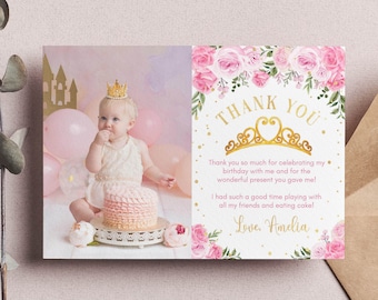 EDITABLE Princess Birthday Party Thank You Card, Princess Crown First Birthday Photo Thank You, Royal 1st Birthday Thank You. Printable C008