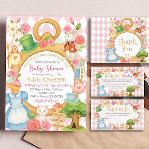 Conjunto de convites para chá de bebê EDITÁVEL Alice no País das Maravilhas, pacote de convites para chá de bebê, modelo facilmente personalizável e para impressão. A013