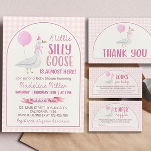 Editable Silly Goose Baby Shower Invitation Set, Pink Silly Goose Baby Shower Invite, Girl Baby Shower Party Bundle,Printable Template. G006