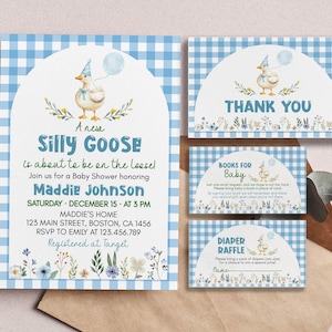 Conjunto de invitaciones para baby shower de Silly Goose editables, invitación para baby shower de Silly Goose imprimible, paquete de fiesta de baby shower, personalizable. G005
