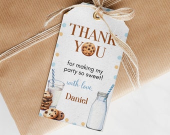 EDITIERBARE Milch und Kekse Geburtstag Favor Tags, Junge erster Geburtstag Danke Tags, Ein süßer Keks Geburtstag Party Decor, printable. C010
