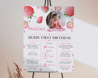 EDITABLE Berry First Birthday Milestone Sign, Berry Sweet Birthday Milestone Poster, Strawberry 1st Milestone Board, Instant Download. S008