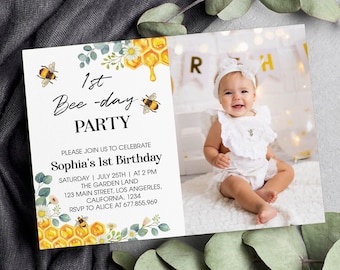 EDITABLE First Bee Day Invitation, Bee Birthday Party Invitation, Our Little Honey Birthday Invite, Floral Bee Invite, Instant Download B002
