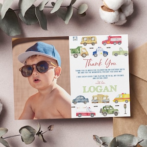 Cartão de agradecimento de aniversário de transporte EDITÁVEL, cartão de agradecimento com foto de festa de caminhão, cartão de agradecimento de primeiro aniversário de menino, download instantâneo. T005