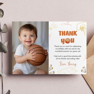 Carte de remerciement d'anniversaire de basket-ball MODIFIABLE, carte de remerciement photo fête sportive, carte de faveur de 1er anniversaire de garçon, téléchargement immédiat. B010