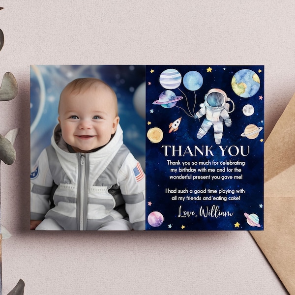 EDITABLE Outer Space Thank You Card, Galaxy Birthday Photo Thank You, First Trip Around The Sun Favor Card Template, Instant Download O006