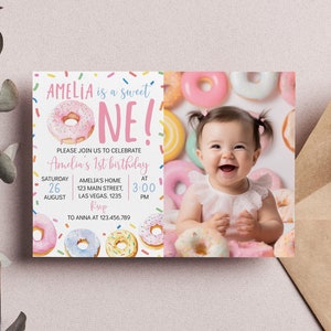 Editable Sweet One First Birthday Invitation, Donut 1st Birthday Photo Invitation, Girl Birthday Party Invite, Instant Download. D010