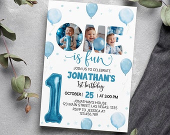 REDIGERBAR Inbjudan till 1-årsdag med blå ballong, fotoinbjudan till pojkefödelsedag, fotoinbjudan till bebisens första födelsedag, utskrivbar mall. B004