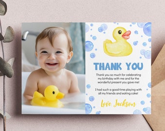 EDITABLE Rubber Duck Birthday Thank You Card, Yellow Duck Party Photo Thank You Card, Boy 1st Birthday Favor Card. D008