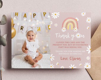 Boho Rainbow Thank You Card, Retro Daisy Birthday Favor Card, Muted Rainbow Photo Thank You Card, Printable Template, Instant Download. D004