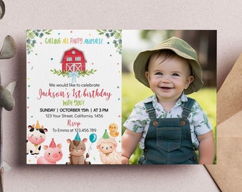 EDITABLE Farm Animals Birthday Invitation, Barnyard Party Photo Invite, Farm Boy 1st Birthday Invite, Instant Download. F010