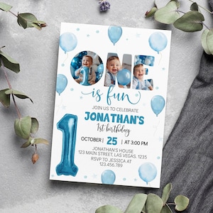 Invito MODIFICABILE per il primo compleanno con palloncino blu, invito fotografico per il compleanno di un bambino, invito fotografico per il primo compleanno di un bambino, modello stampabile. B004