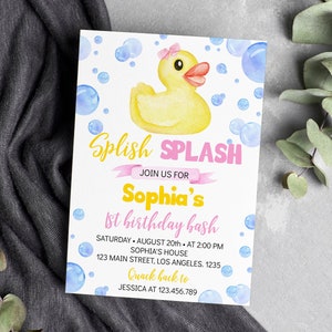 EDITIERBARE Rubber Duck Geburtstagseinladung, Mädchen 1. Geburtstag einladen, Rubber Duckie Geburtstagseinladung, druckbare Geburtstagskarte. D008