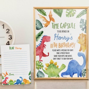 EDITIERBARE Dinosaurier 1. Geburtstag Time Capsule Vorlage, Dinosaurier Geburtstagsparty Time Capsule Schild, Dinosaurier Party Decor, Instant Download D006