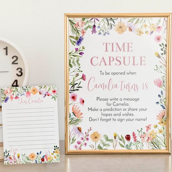 EDITABLE Wildflower Birthday Girl Time Capsule Template, Floral Birthday Party Time Capsule Sign, Boho Sign, Instant Download. W011