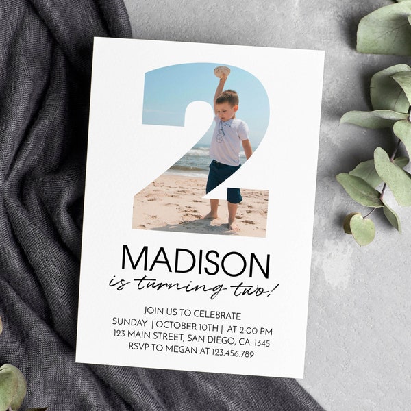 Second Birthday Invitation, Modern 2nd Birthday Invite, Minimal Photo Birthday Invitation, Simple Birthday Invite, Instant Download. #M004