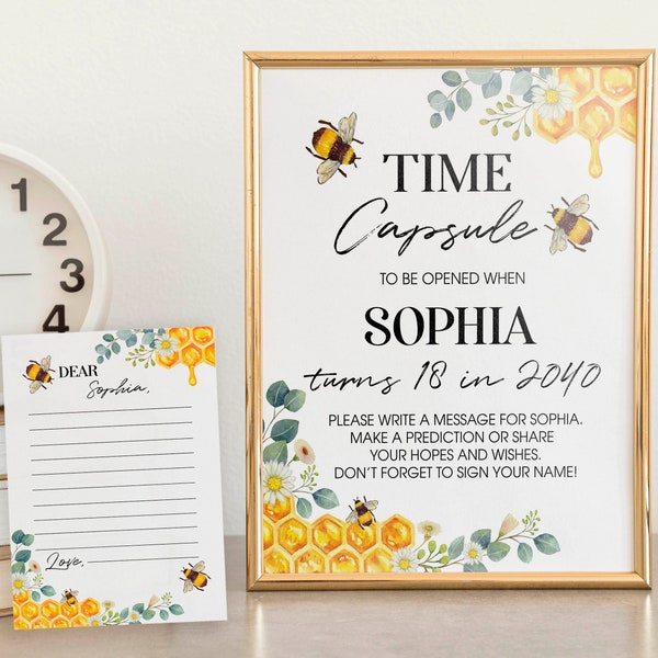 EDITABLE Bee Time Capsule Template, Honey Bee Birthday Time Capsule Sign, First Bee Day Party Decor, Bumble Bee Sign, Instant Download. B002