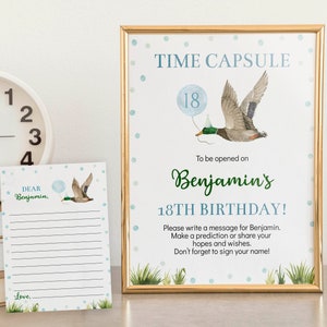 Plantilla editable de cápsula del tiempo para cumpleaños de un Pato de la Suerte, letrero de cápsula del tiempo para fiesta de cumpleaños de un Pato de la Suerte, imprimible. L007