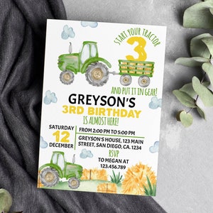 EDITABLE Tractor Birthday Invitation, Green Tractor Invitation, Boy 3rd Birthday Invite, Farm Birthday Invitation, Printable Template. #T003