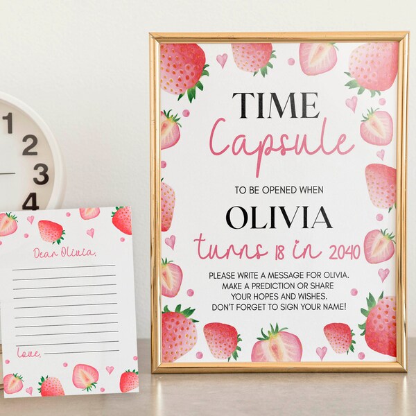 EDITABLE Strawberry Birthday Time Capsule Template, Berry 1st Birthday Time Capsule Sign, Strawberry Time Capsule Note Instant Download S008