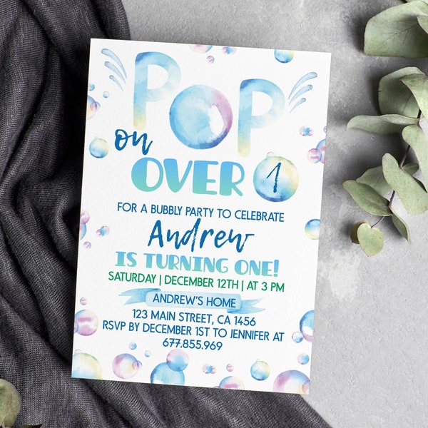 EDITABLE Bubble Birthday Invitation, Bubble Birthday Party Invitation, Pop On Over Birthday Invitation, Bubble Invite, Instant Download B007