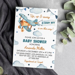 Editable Airplane Baby Shower Invitation, Up Up And Away, Boy Baby Shower Invite, Travel Baby Shower Invitation, Instant Download. #A001