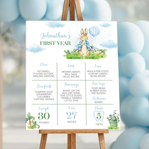 Peter Rabbit mijlpaalbord eerste jaar, gepersonaliseerde verjaardagsherinnering, grafiek jongen 1e jaar, aangepaste mijlpaalposter baby, afdrukbaar. P007