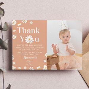 Carte de remerciement de photo d'anniversaire de marguerite, carte de faveur de fête d'anniversaire de marguerite, carte de remerciement de photo de fête d'anniversaire Groovy, téléchargement immédiat. #D003