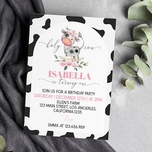 EDITABLE Holy Cow I&#39;m One Invitation, Cow First Birthday Invitation, Holy Cow Invitation, Farm Girl Birthday Party, Printable Template. C004