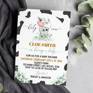 EDITABLE Cow Baby Shower Invitation, Farm Baby Shower Invite, Cow Print, Holy Cow Country Baby Shower Invitation, Printable Template. #C004