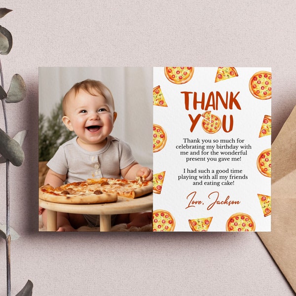 EDITABLE Pizza Birthday Thank You Card, Pizza Party Picture Thank You Card, Pizza Party Birthday Favor Card, Printable. P013