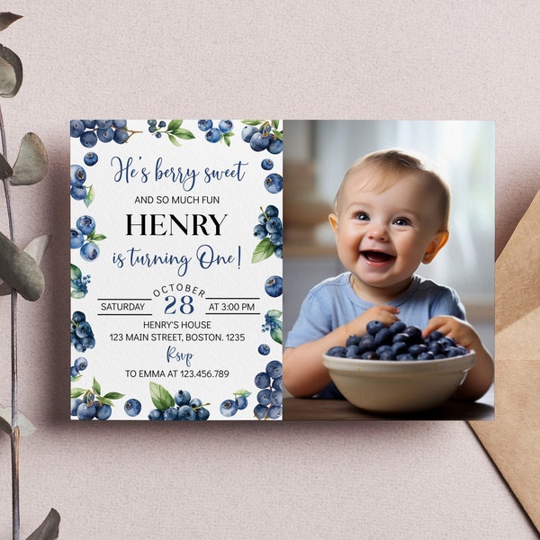 Editable Blueberry First Birthday Invitation, Blueberries 1st Birthday Invitation, Berry Sweet Birthday Party Invite, Instant Download. B013