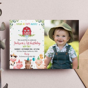 EDITABLE Farm Animals Birthday Invitation, Barnyard Party Photo Invite, Farm Boy 1st Birthday Invite, Instant Download. F010