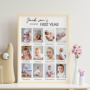 Bearbeitbares erstes Jahr Fotocollage, Baby erstes Jahr Poster, 12 Monate Bilddruck, moderner 1. Geburtstag Fotorahmen, druckbare Vorlage M004