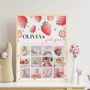 Collage de fotos editable del primer año, impresión de fotos mensual, marco de fotos del primer cumpleaños con fresas, póster del primer año del bebé, descarga instantánea S008