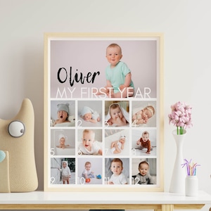 Collage photo modifiable pour la première année, impression photo 12 mois, cadre photo moderne pour le premier anniversaire, affiche première année de bébé, modèle imprimable M004