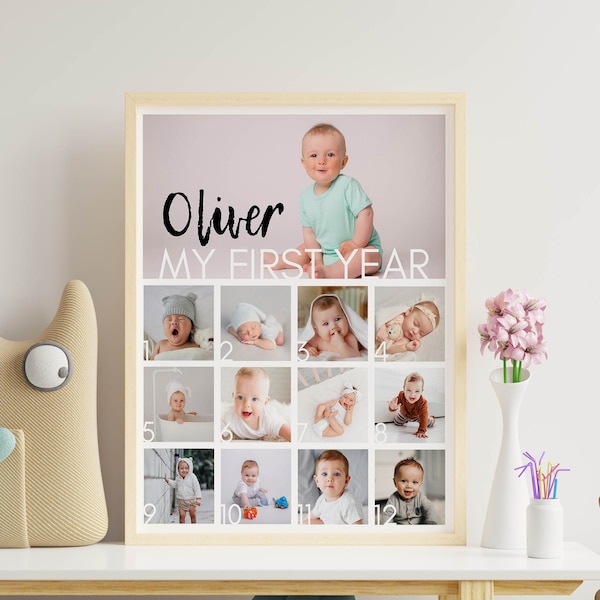 Editable First Year Photo Collage, 12 Months Photo Print, Modern First Birthday Photo Frame, Baby First Year Poster, Printable Template M004