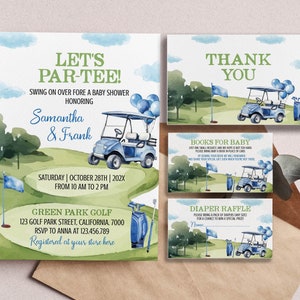 EDITABLE Golf Baby Shower Invitation Set, Boy Baby Shower Invitation Bundle, Couples Shower Let&#39;s Par-tee Invite, Instant Download. G004