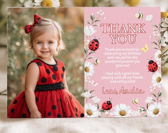 Love Bug Birthday Thank You Card, Editable Ladybug 1st Birthday Template, Valentine Party Favor, Printable Red and Pink Baby Thank You. L009