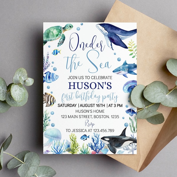 EDITABLE Under The Sea Birthday Invitation , Oneder The Sea First Birthday Invite, Ocean Animals Birthday Party, Printable Template. O004