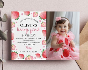 Editable Strawberry First Birthday Invitation, Berry 1st Birthday Invitation, Berry Sweet Photo Birthday Invite, Instant Download. #S008