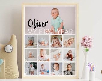 Editable First Year Photo Collage, 12 Months Photo Print, Modern First Birthday Photo Frame, Baby First Year Poster, Printable Template M004