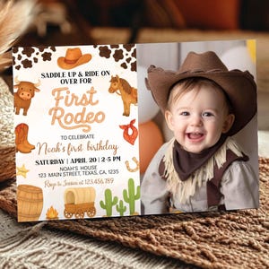 My First Rodeo Birthday Invitation, Wild West Birthday Photo Invitation, Cowboy 1st Birthday Invite, Editable & Printable Template